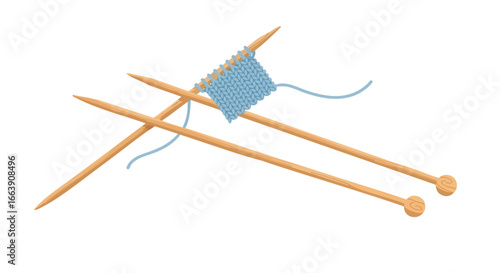 Tranquil Knitting Composition: Wooden Needles Crafting a Sky-Blue Textile Dream Amidst Serene Artistic Stillness