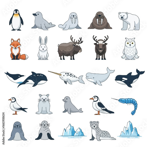 Arctic and subarctic animal illustrations: penguins, seals, polar bears, whales, and other wildlife.