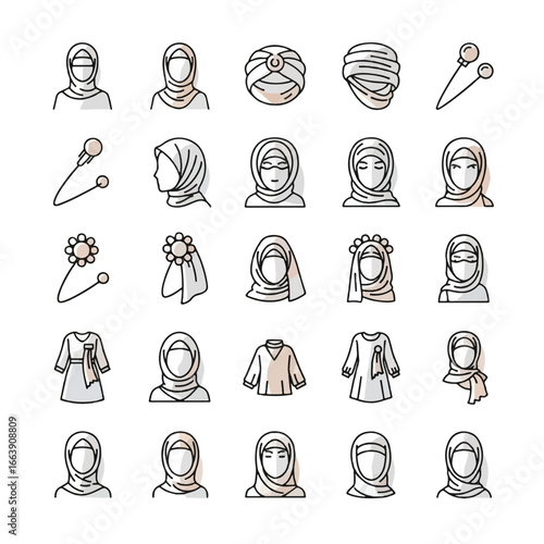 Various styles of women's head coverings and garments, including different hijab designs and accessories.