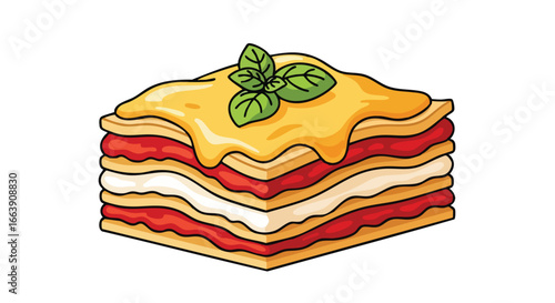 Delicious layered lasagna with fresh basil isolated on white background, culinary delight, inviting and flavorful offering appetizing visual appeal