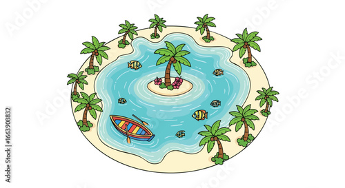 Idyllic Tropical Island Lagoon Cartoon Depicting Peaceful Paradise Destination and Refreshing Coastal Scenery in Children's Style Visual