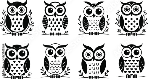 Eight stylized owl illustrations perched on branches, decorative black and white vector art, whimsical bird designs, symmetrical patterns, nature wildlife, hand drawn