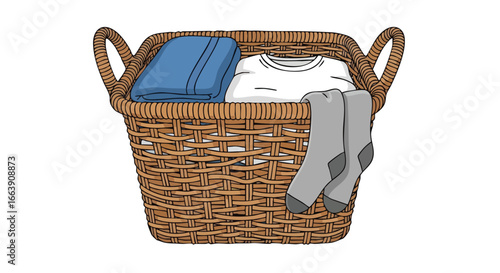 Wicker laundry basket filled with neatly folded blue clothes and a white shirt with gray socks hanging, hand-drawn illustration