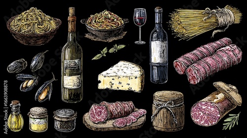 Food and drink arrangement including wine cheese and cured meats on dark background.