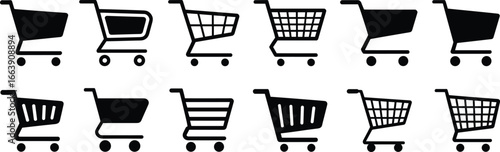 Shopping cart icon set, black and white vector symbols, retail and e‑commerce design elements, flat silhouette pictogram collection, isolated graphic illustration