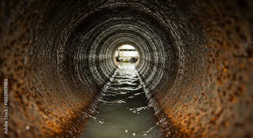 A view inside a dark and rusty pipe with water flowing towards a light at the end of the tunnel ahead