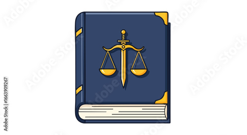 Law Book Depicting Justice Scale and Sword Emblems Symbolizing Legal Authority and Principles