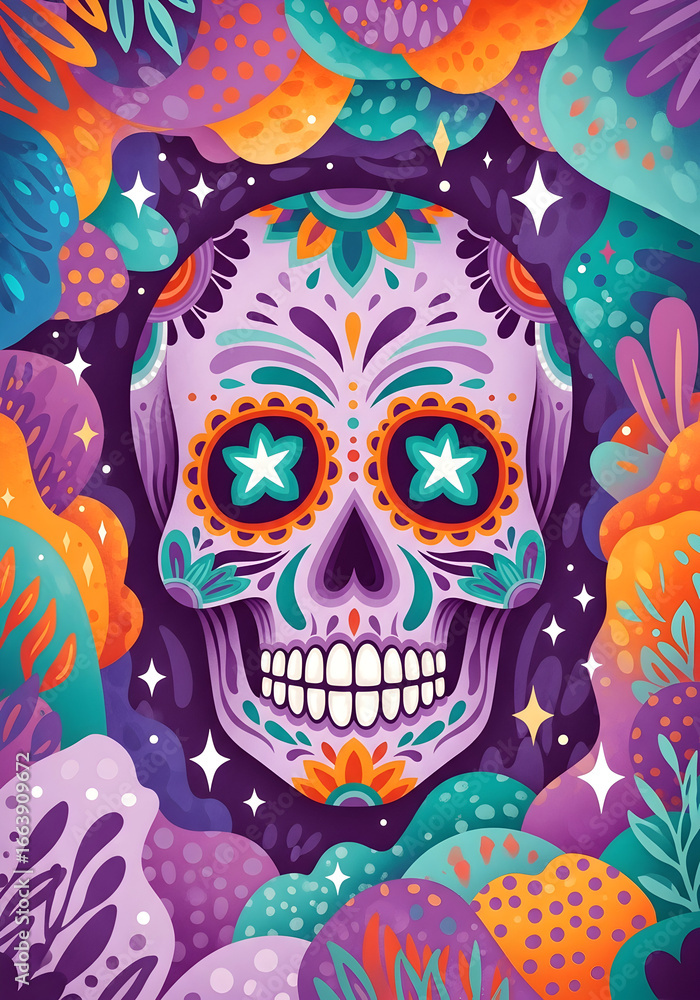 Obraz premium Psychedelic sugar skull wall art with vibrant floral patterns, glowing stars and colorful Day of the Dead inspired design