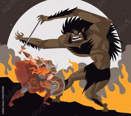norse mythology grendel beast fighting beowulf
