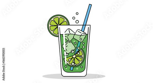 Refreshing lime mojito cartoon illustration with ice cubes and blue straw on white backdrop, ideal for summer-themed visuals and beverages marketing