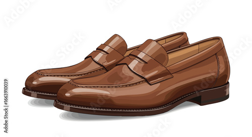 Elegant hand-drawn illustration featuring a pair of classic brown leather penny loafers on a pristine white backdrop.