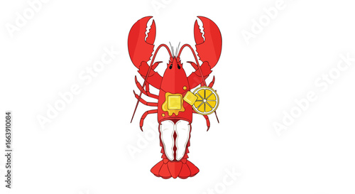 Illustrative lobster character with pat of melting butter and lemon wedge isolated on white backdrop showcases coastal cuisine
