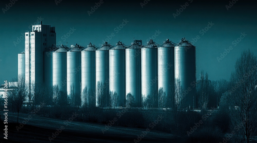 Obraz premium Industrial silos against blue sky in rural landscape with trees and calm waters in serene, minimalist monochrome style
