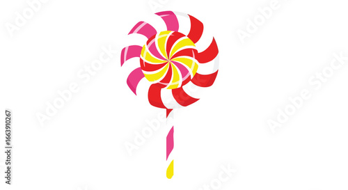 Whimsical Delight: A colorful lollipop candy on a stick in shades of red, pink, yellow and white offers a sweet treat and playful design