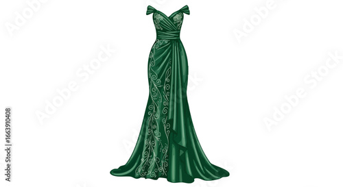 Elegant emerald gown with flowing drape and ornate accents, a sophisticated choice for unforgettable evenings and red carpet moments of style and