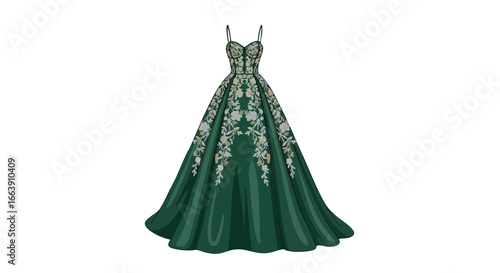 Elegant emerald gown with flowing skirt and intricate floral embellishments for formal events designed with unique vector graphics