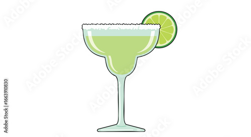 Refreshing margarita illustration with saline rim and lime slice accentuation presented in a tall glass, ideal for happy hour promotions and summer