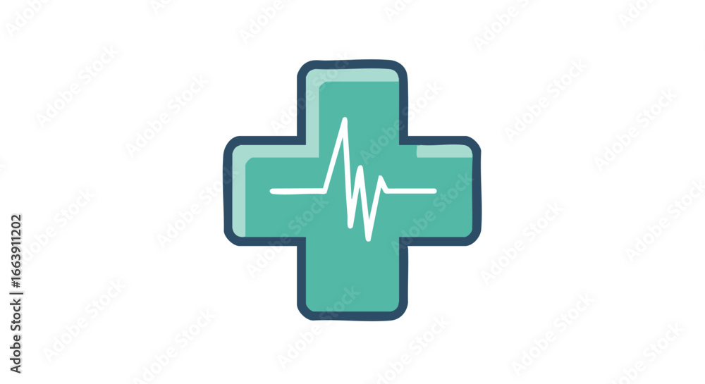 Obraz premium Stylized health cross featuring a white heartbeat signal, suggesting medical care and vitality, isolated on a white backdrop providing a clean and
