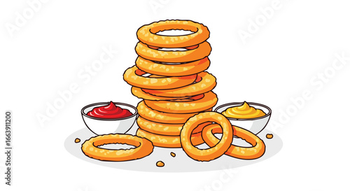 Towering temptation: a stack of crispy onion rings with flavorful dipping sauces presentation style illustration isolated on white background