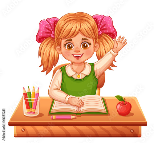 Cute school girl learning on lesson, schoolgirl child sitting at desk, raising hand in classroom. Primary student study. Little schoolchild pupil read book. Elementary preschool kid education. Vector