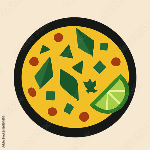 Deliciously vibrant culinary art featuring a top-down view of a savory dish with fresh herbs and a zesty lime wedge, perfect for food blogs and restaurant promotions.