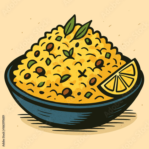 Vibrant bowl of delicious poha rice pilaf garnished with fresh lemon and herbs, perfect for culinary inspiration and food advertising