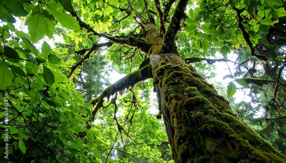 Fototapeta premium Lush green forest canopy, showcasing a moss-covered tree trunk reaching towards the sky.