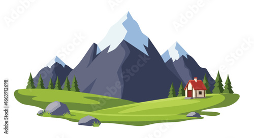 Serene mountain landscape with snow-capped peaks, lush green hills and a cozy little cabin surrounded by evergreen trees