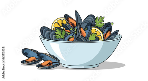 Illustrative Delight: A Bowl of Steamed Mussels Adorned with Fresh Lemon Slices and Aromatic Herbs