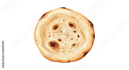 Handcrafted flatbread illustration, depicting a freshly baked, golden-brown flatbread on a white background, showcasing its unique texture