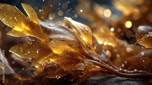 Golden seaweed with translucent leaves and water drops in ethereal light