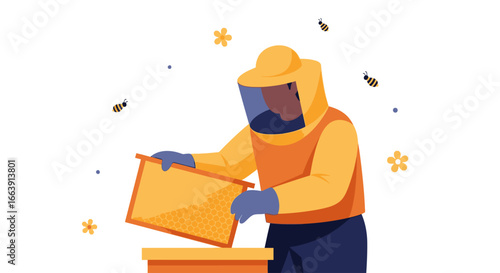 A beekeeper dressed in protective gear carefully inspecting a honeycomb frame, surrounded by flying bees.
