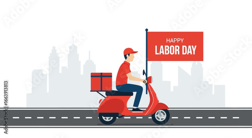 Illustration of a delivery man riding a red scooter with a Labor Day flag, set against a cityscape background.