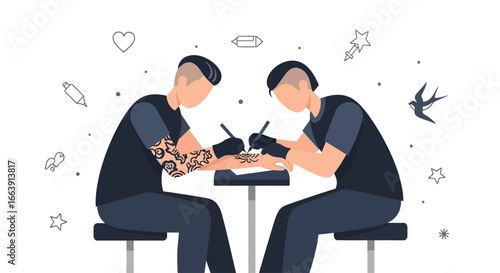 Two tattoo artists work simultaneously, one tattooing a client's arm, surrounded by tattoo design elements.