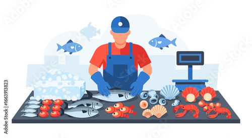 Fishmonger preparing seafood at a market stall, including fish, shellfish, tomatoes, and a weighing scale.
