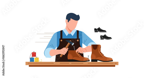A cobbler meticulously repairs a brown leather boot using a hammer and nails.