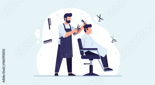 Barber giving a man a haircut in a barbershop chair.