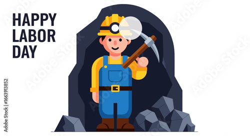 Happy Labor Day illustration: smiling miner with pickaxe emerging from coal mine.