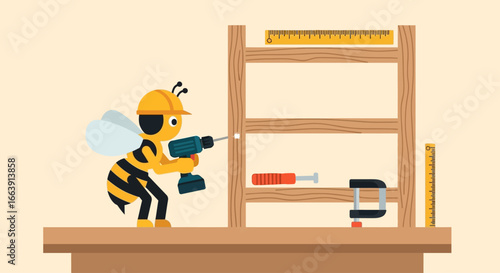 A diligent bee carpenter assembles a wooden shelf using power tools.