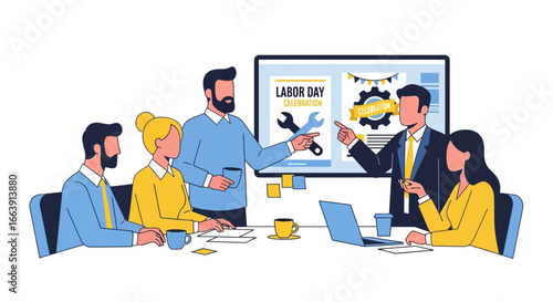 A diverse business team collaborates in a meeting, discussing a Labor Day presentation shown on a large screen.