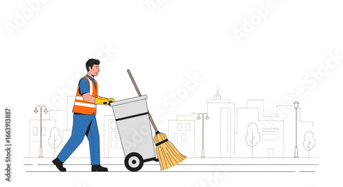 A male street sweeper in uniform pushing a trash cart with a broom along a city street.