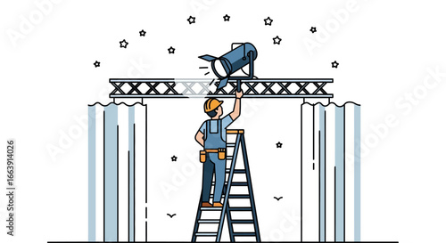 An electrician climbs a ladder to adjust a spotlight on a truss above a stage with curtains.