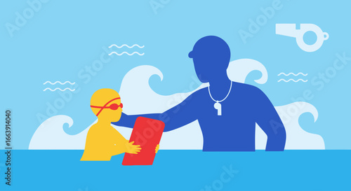 Illustration of a swimming instructor guiding a young child in the water, using a kickboard, with waves and a whistle in the background.