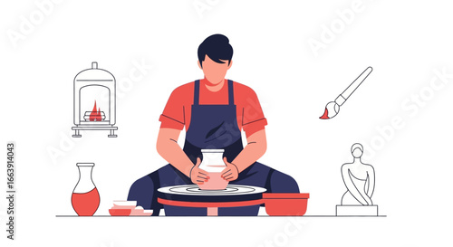 A skilled artisan meticulously shapes clay on a pottery wheel, surrounded by tools and finished ceramic pieces, showcasing the art of creation.