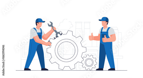 Two mechanics in blue overalls and caps working together on large gears, one holding a wrench and the other giving a thumbs-up.