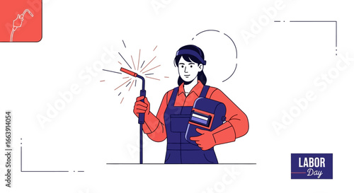 A woman in work clothes and protective gear skillfully operates a welding torch, creating sparks and demonstrating a skilled trade.