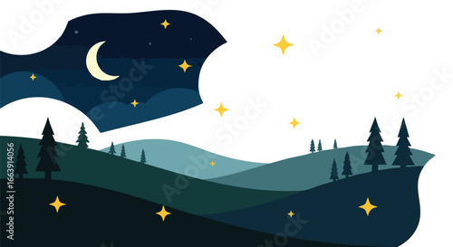 Stylized celestial landscape illustration with crescent moon stars and evergreen trees creating a peaceful nighttime scenery backdrop