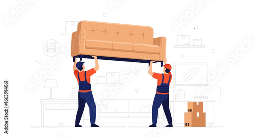 Two movers lifting a large couch in a house during a relocation.