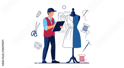 A fashion designer meticulously sketches a dress on a tablet while standing next to a mannequin with fabric, surrounded by sewing tools and design elements.