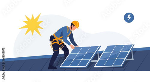 A worker in safety gear installs solar panels on a rooftop under a bright sun, symbolizing renewable energy.